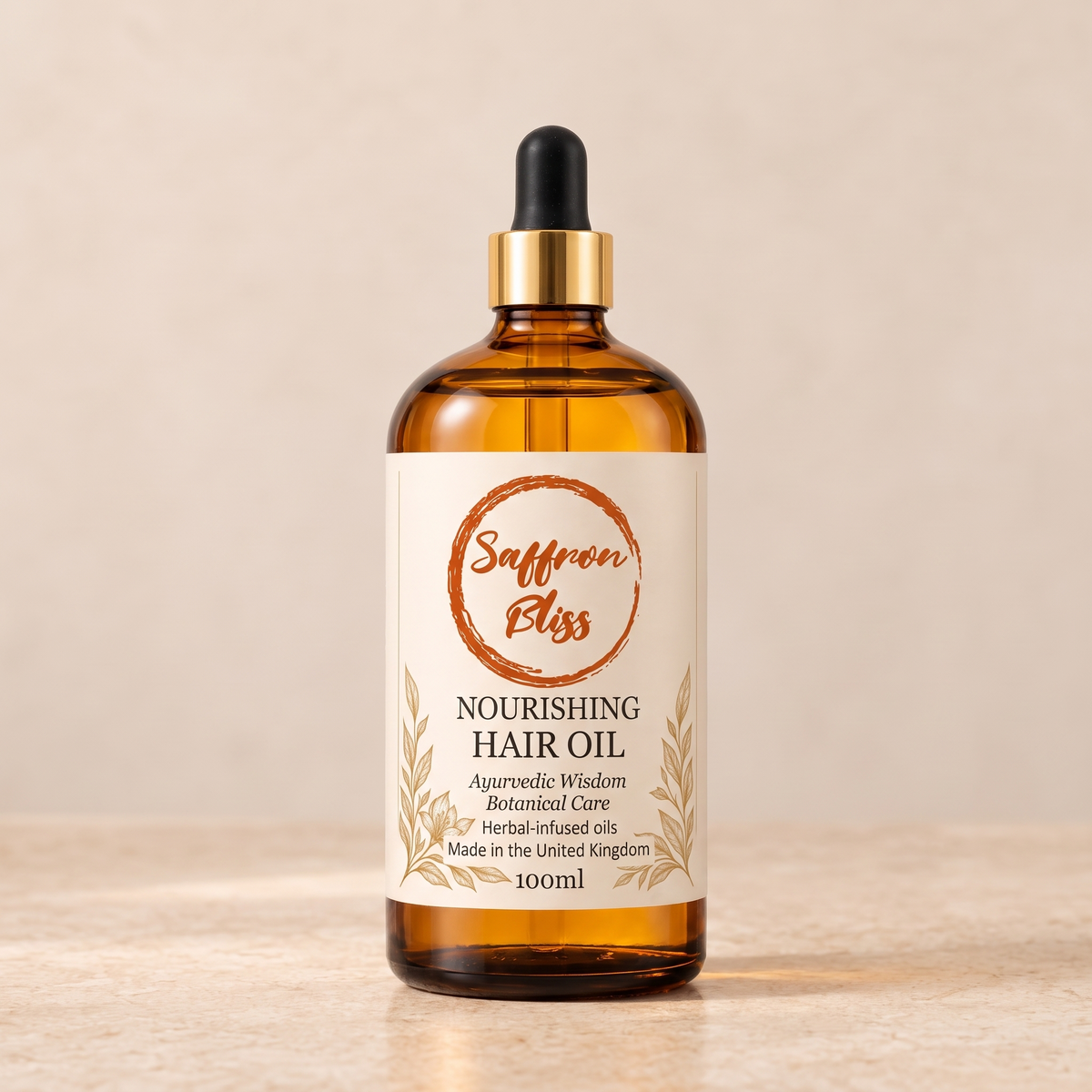 Saffron Bliss Nourishing Hair Oil, 100ml amber glass bottle with pipette dropper