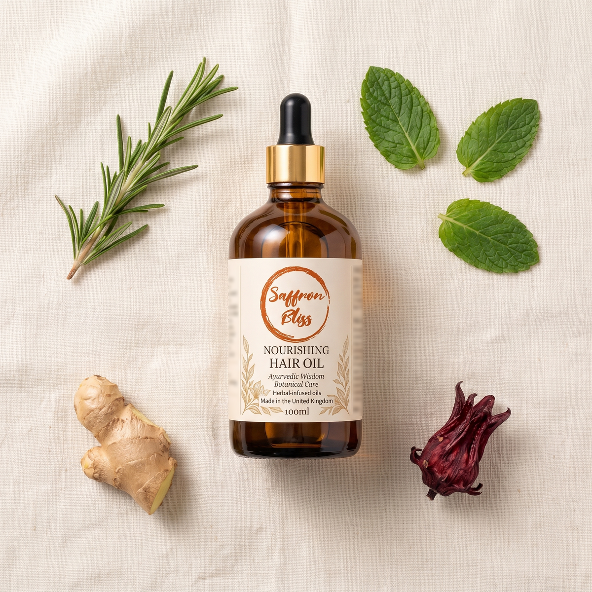 Saffron Bliss Nourishing Hair Oil with rosemary, peppermint, ginger root and hibiscus
